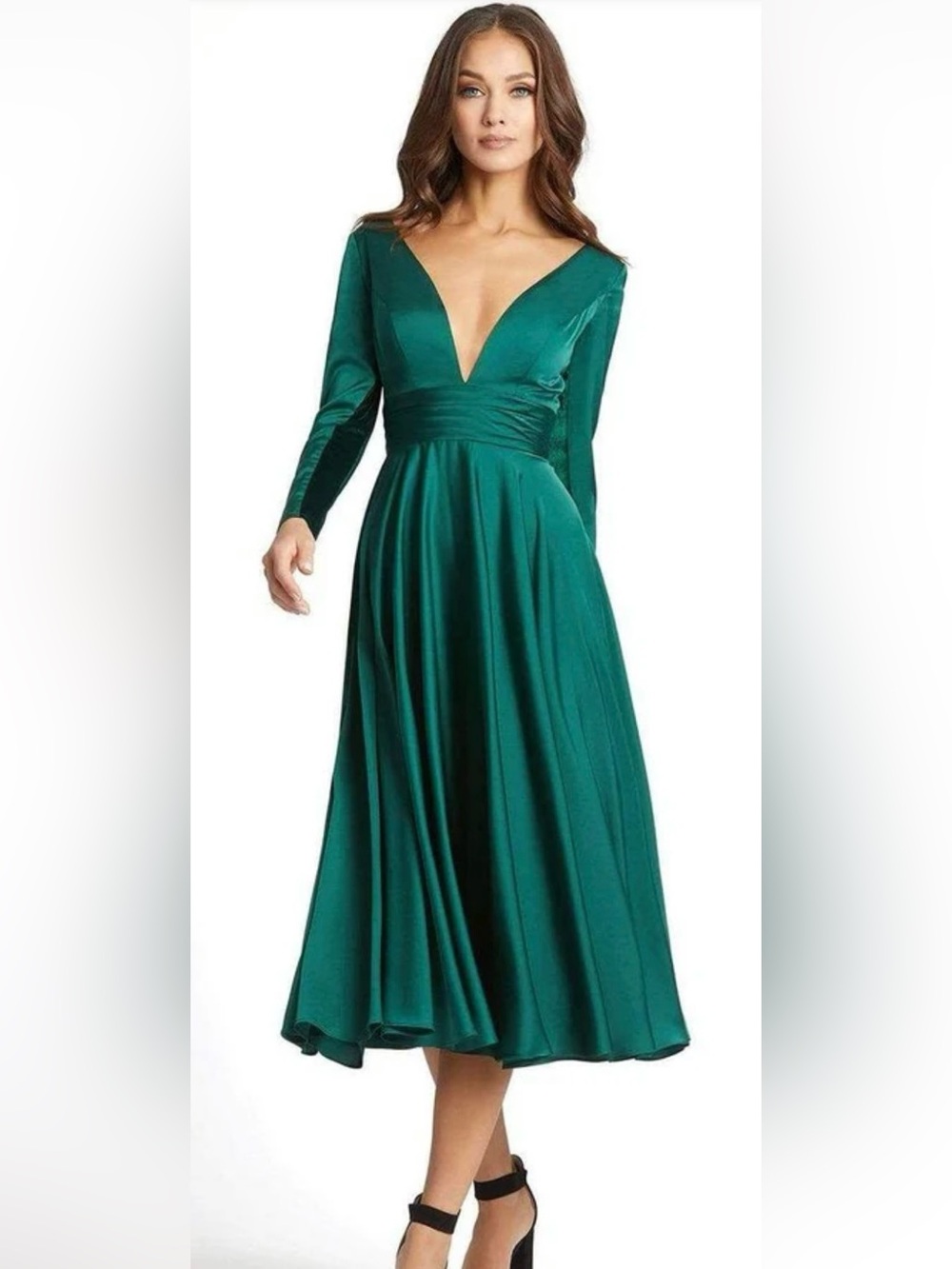 NWT Mac Duggal PLUNGE NECK SATIN A LINE DRESS Emerald Grn 67527
emerald midi 16